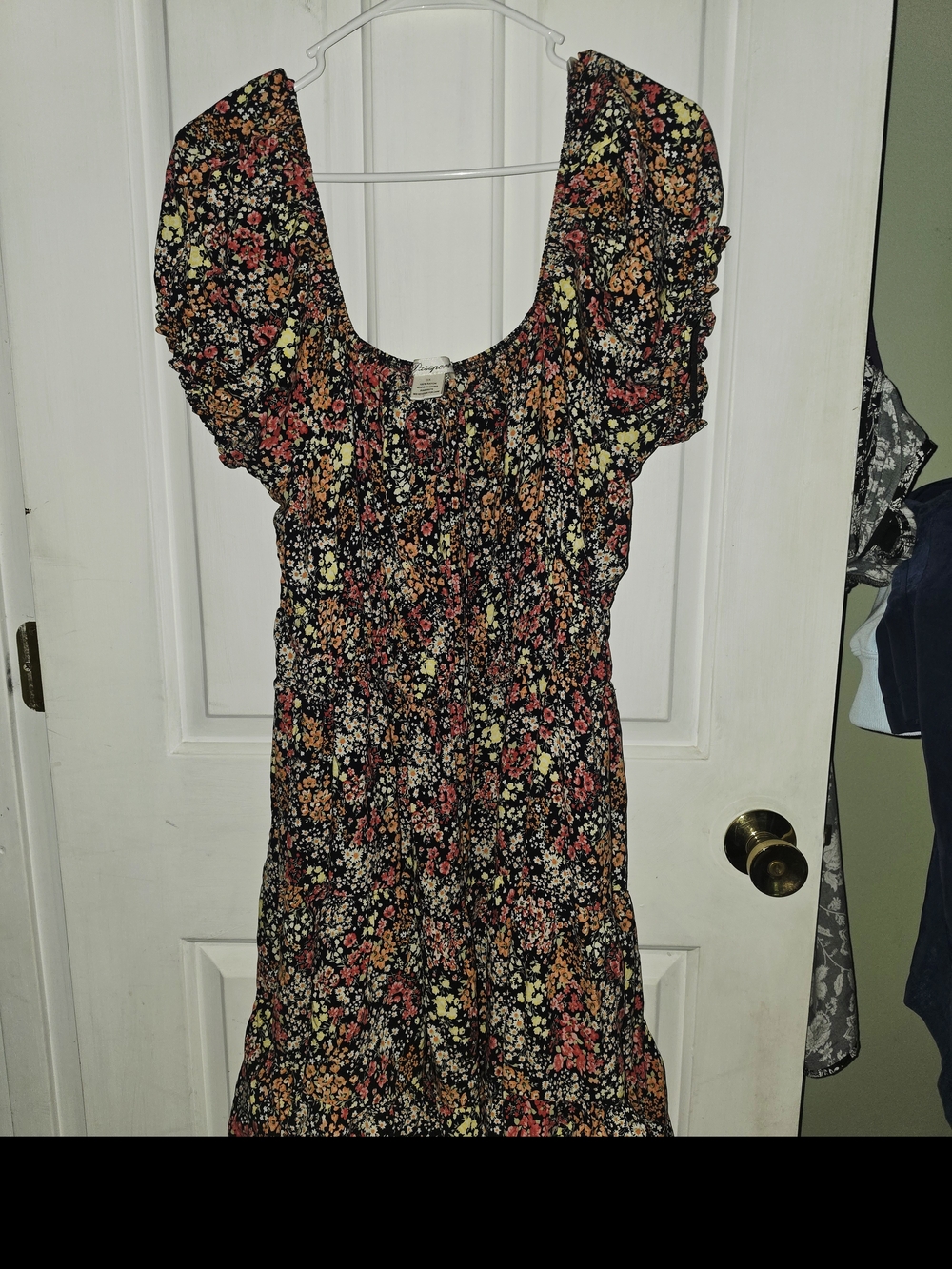 Passport Black Floral Midi Dress with Scoop Neck and Puff Sleeves